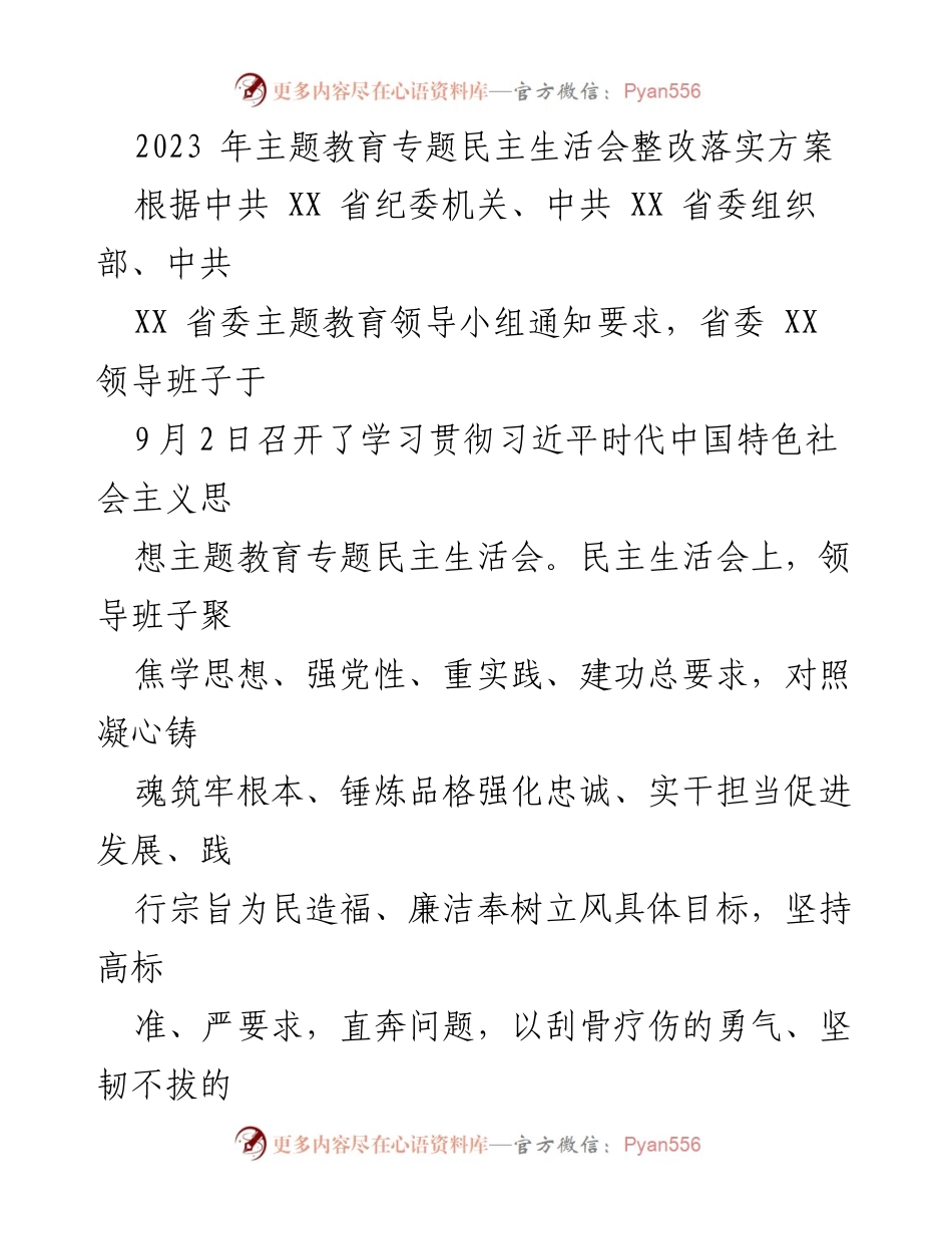 [整改方案] 主题教育民主生活会 - 2023年主题教育专题民主生活会整改落实方案.docx_第1页