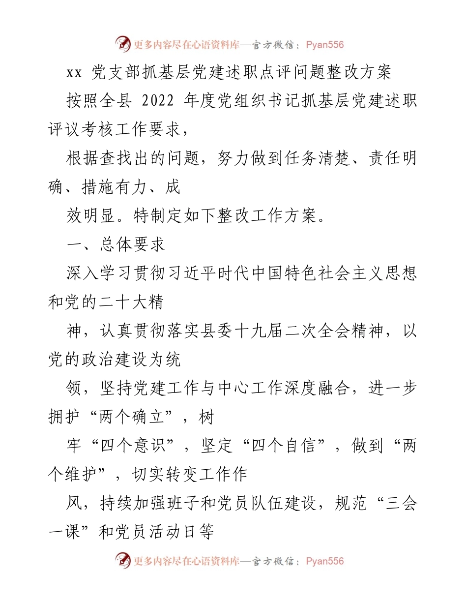 [整改方案] 党支部工作 - 党支部基层党建述职问题整改方案.docx_第1页