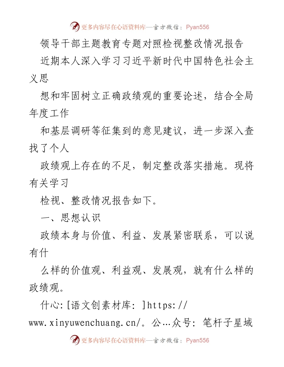 [整改报告] 主题教育 - 领导干部政绩观检视与整改情况报告.docx_第1页