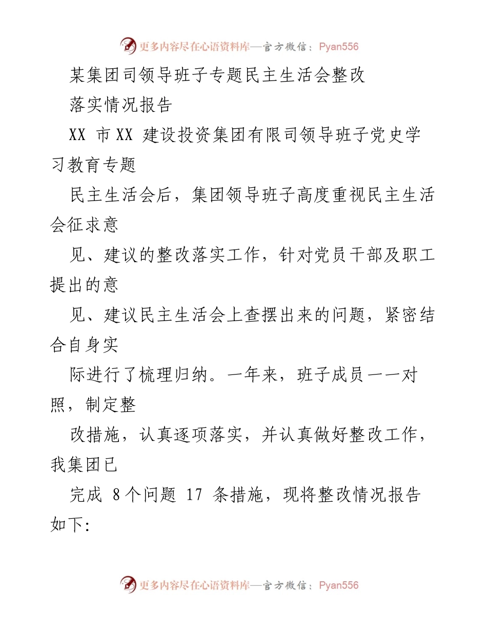 [整改报告] 领导班子专题民主生活会 - 某集团领导班子整改落实情况报告.docx_第1页