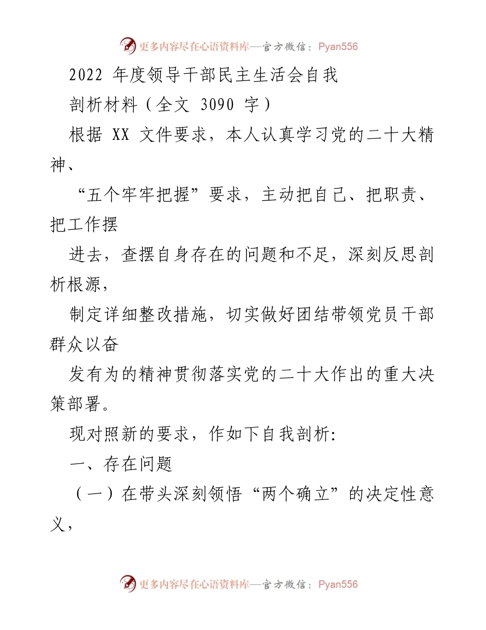 [自我剖析] 领导干部民主生活会 - 2022年度自我剖析材料及整改措施.docx_第1页