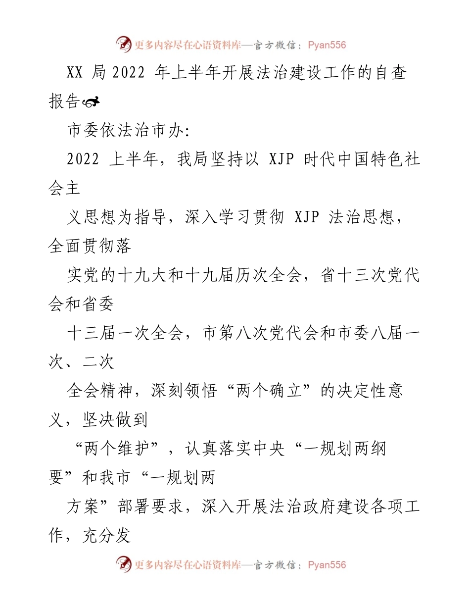 [自查报告] XX局法治建设工作 - 2022年上半年法治建设自查报告.docx_第1页