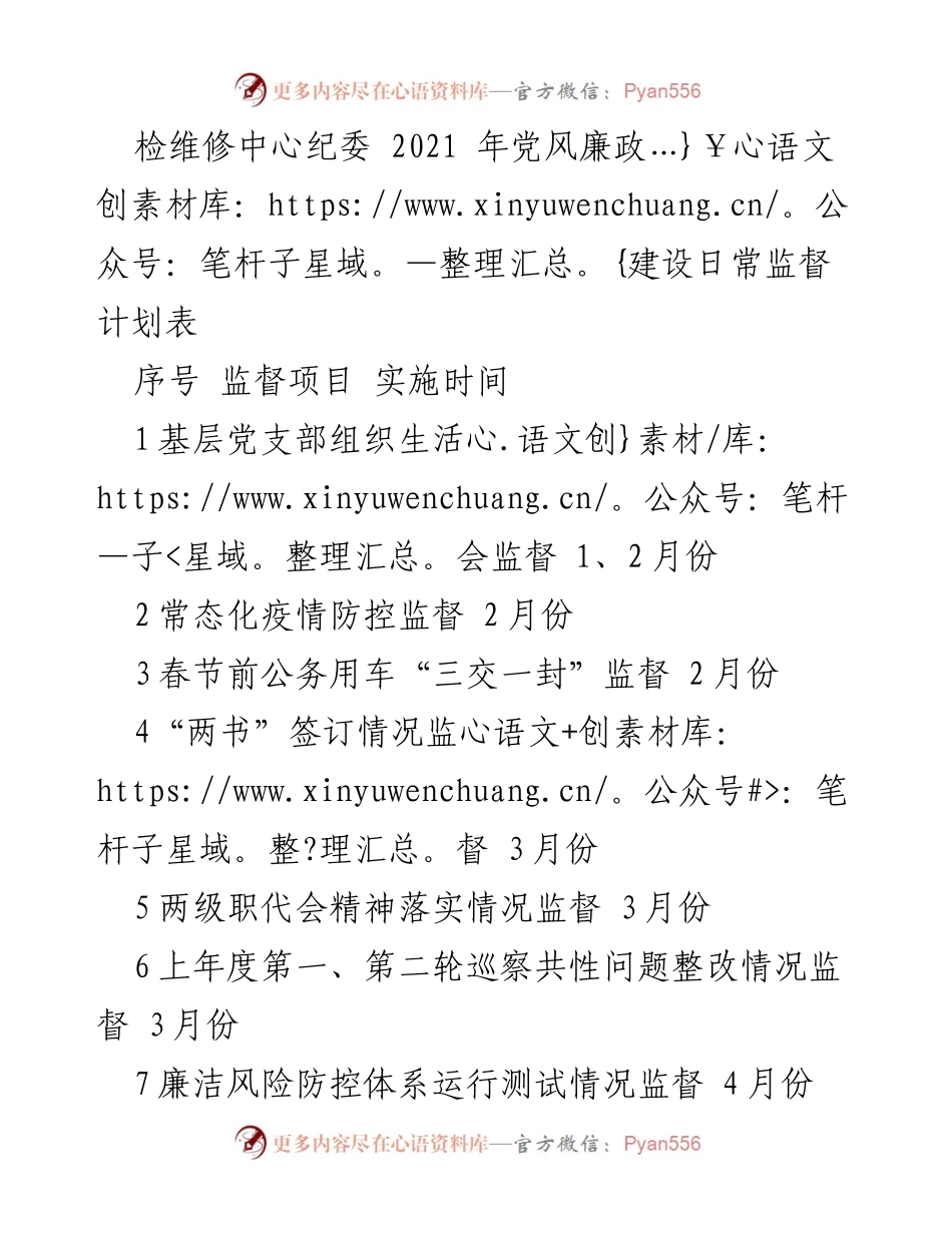 [监督计划] 党风廉政建设 - 2021年检维修中心纪委监督计划表.docx_第1页