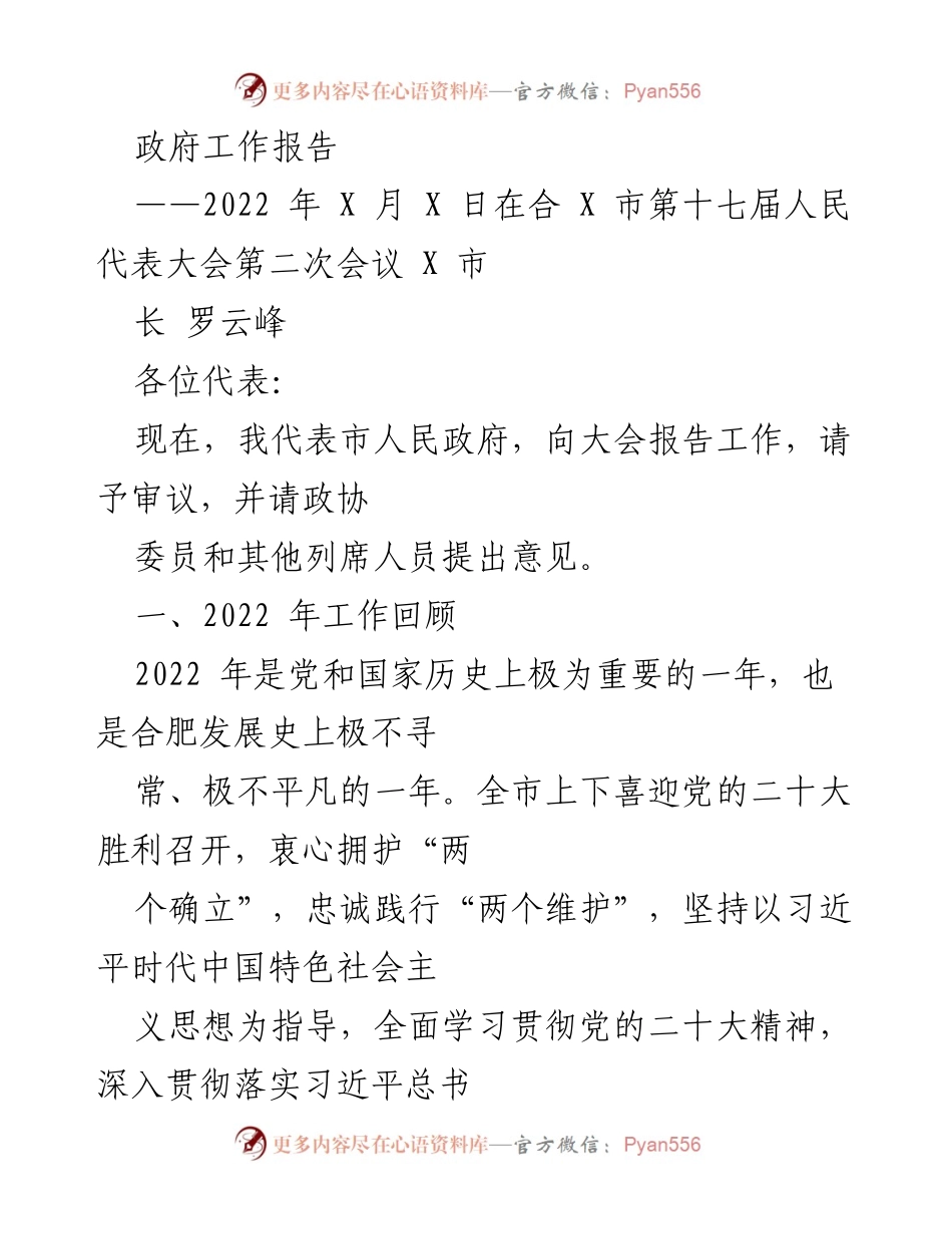 [政府工作报告] 合肥市第十七届人民代表大会 - 2022年度政府工作总结报告.docx_第1页