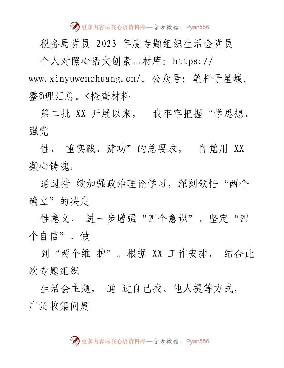 [自我剖析] 税务局党员专题组织生活会 - 2023年度党员个人对照检查材料.docx_第1页