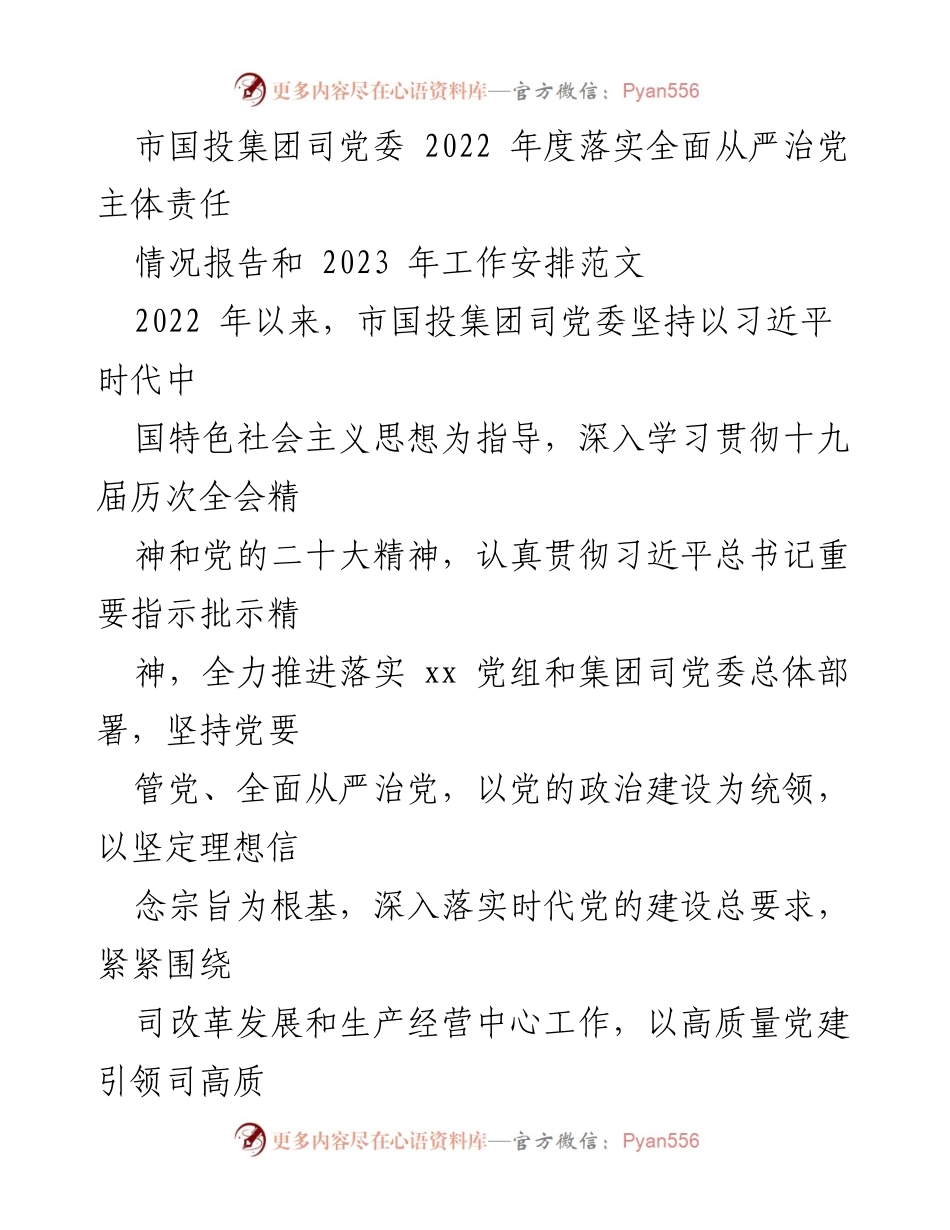 [情况报告] 市国投集团 - 2022年度全面从严治党主体责任落实情况及2023年工作安排.docx_第1页