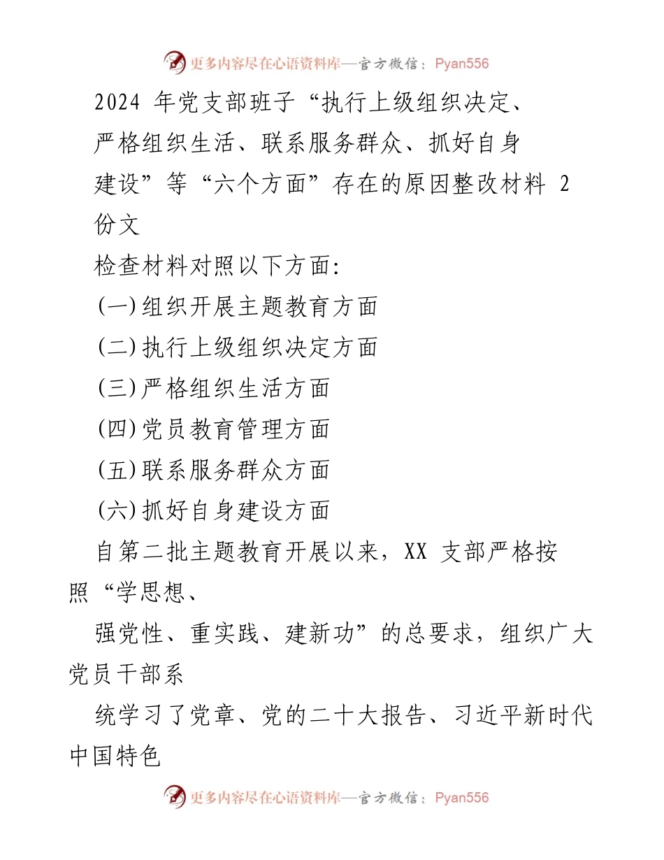 [整改报告] 党支部专题组织生活会 - 2024年党支部班子整改情况汇报.docx_第1页