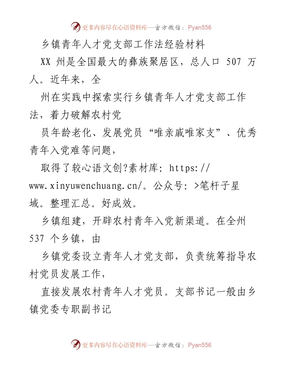 [经验材料] 乡镇青年人才党支部工作总结 - 乡镇青年人才党支部工作法实践与成效.docx_第1页