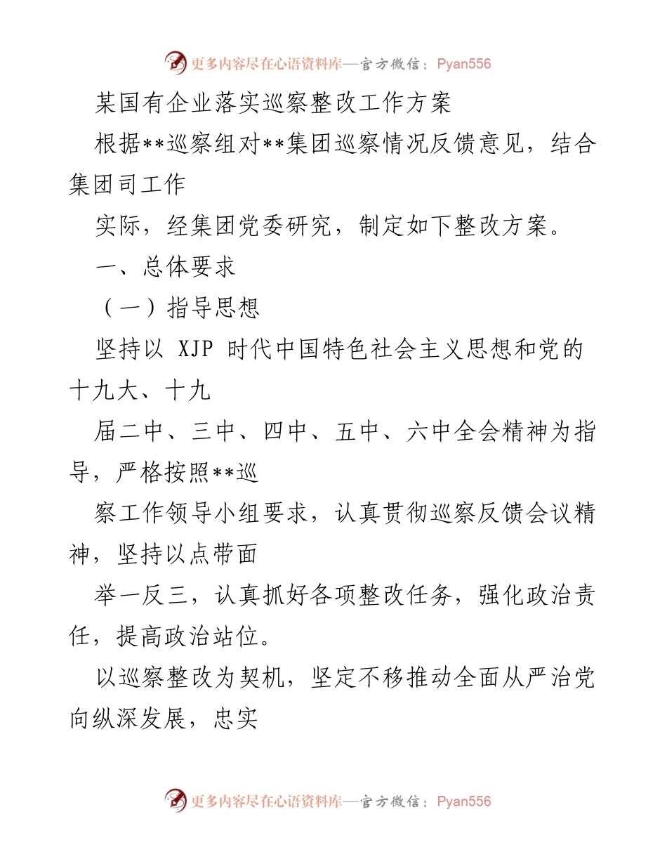 [整改方案] 国有企业巡察整改 - 某国有企业巡察整改工作方案实施方案.docx_第1页
