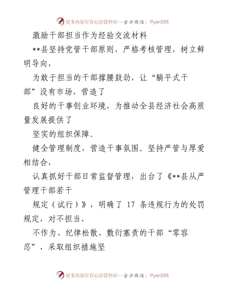 [经验交流材料] 干部管理会议 - 激励干部担当作为的实践经验分享.docx_第1页