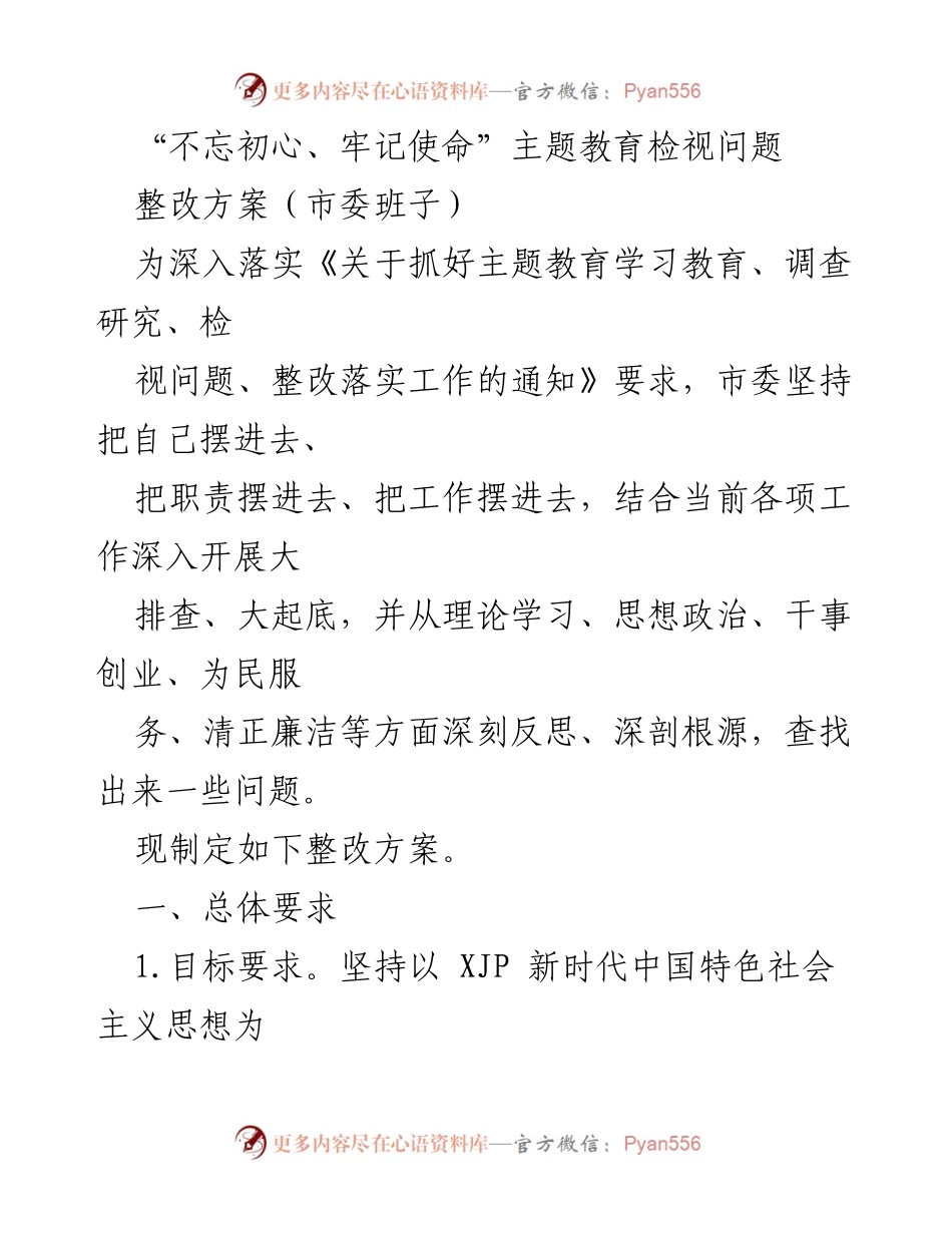 [整改方案] 市委班子 - “不忘初心、牢记使命”主题教育问题整改方案.docx_第1页