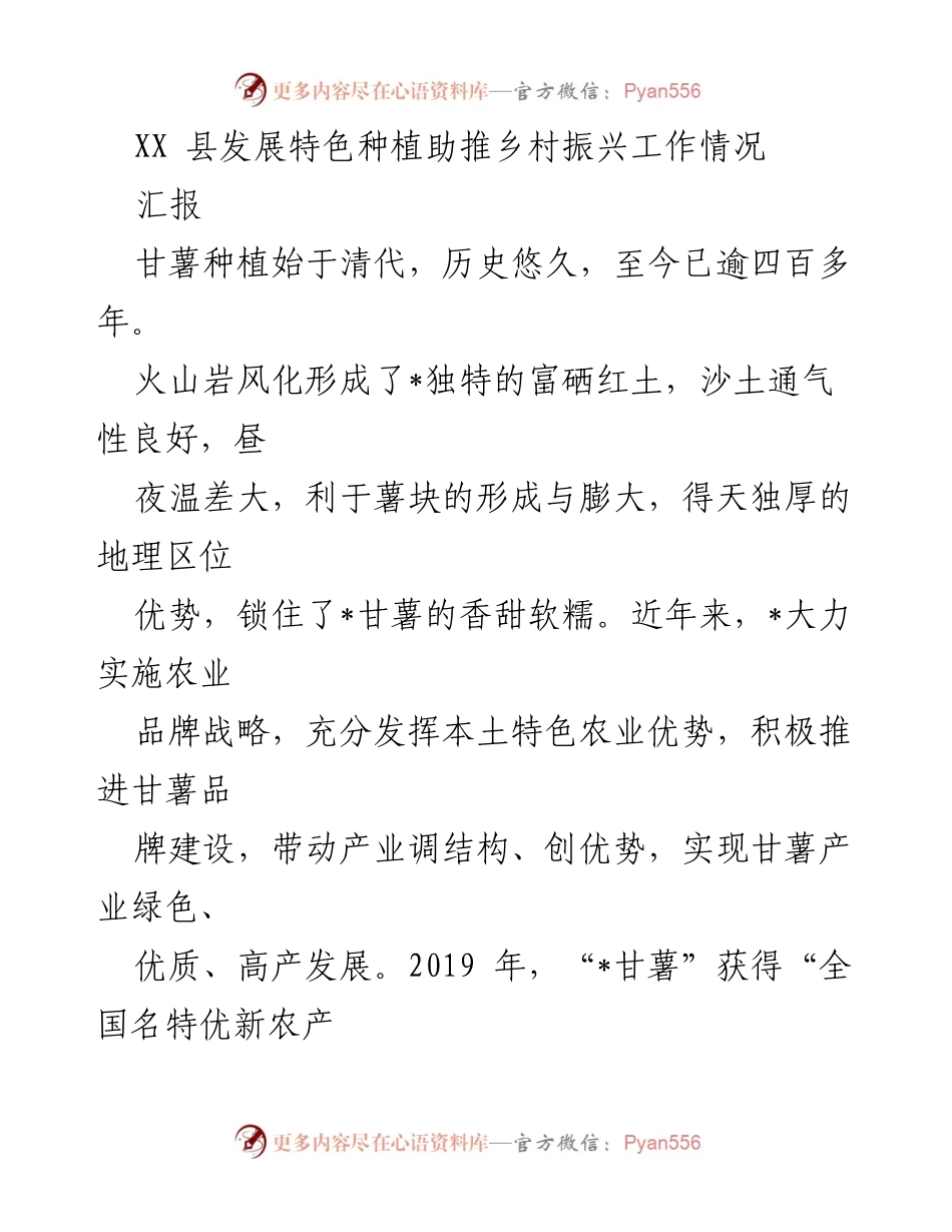 [汇报] 乡村振兴工作 - XX县甘薯产业发展现状与策略.docx_第1页