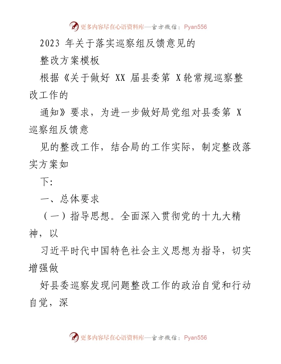 [整改方案] 巡察整改工作 - 2023年巡察反馈意见整改方案模板.docx_第1页