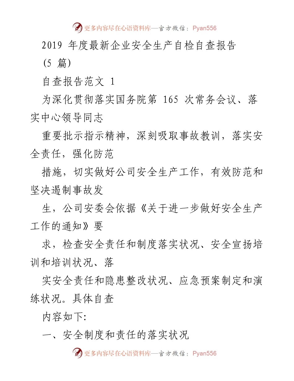 [自查报告] 企业安全生产 - 2019年度企业安全生产自检自查报告.docx_第1页