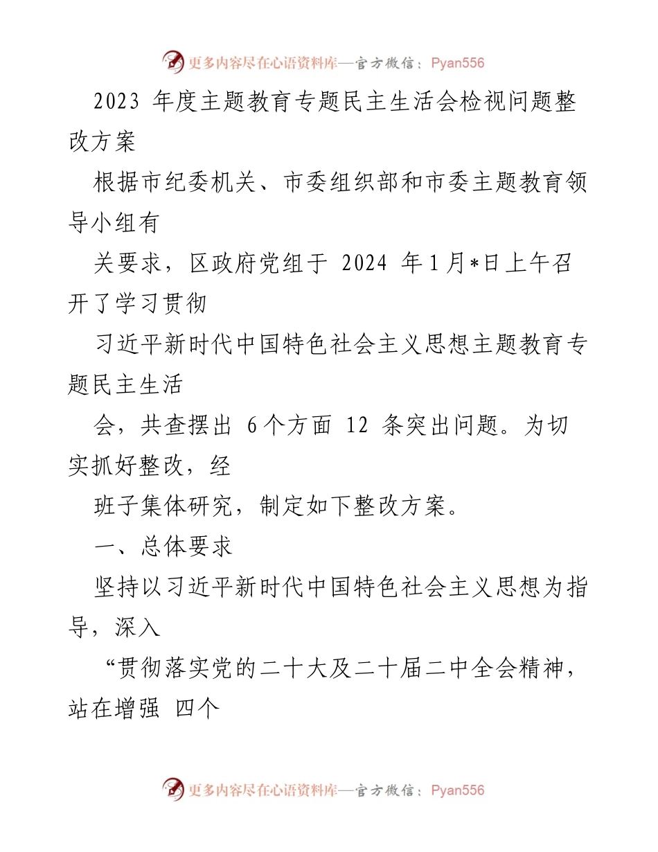 [整改方案] 主题教育专题民主生活会 - 2023年度民主生活会检视问题整改方案.docx_第1页