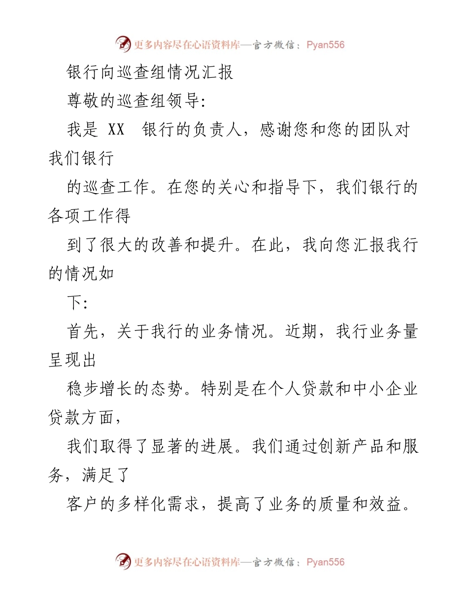 [情况汇报] 巡查组会议 - 银行工作情况汇报与发展展望.docx_第1页