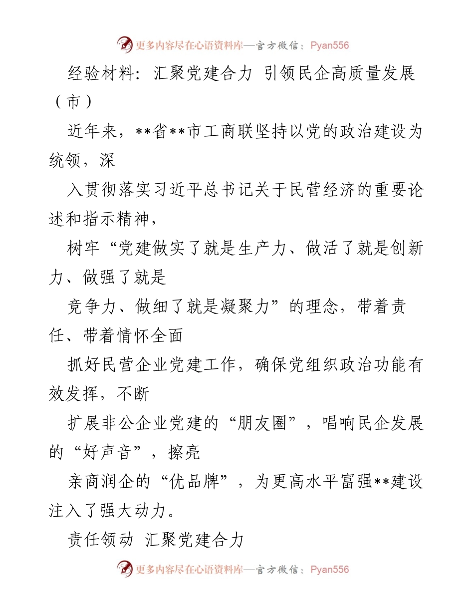[经验材料] 党建工作总结 - 汇聚党建合力 引领民企高质量发展.docx_第1页