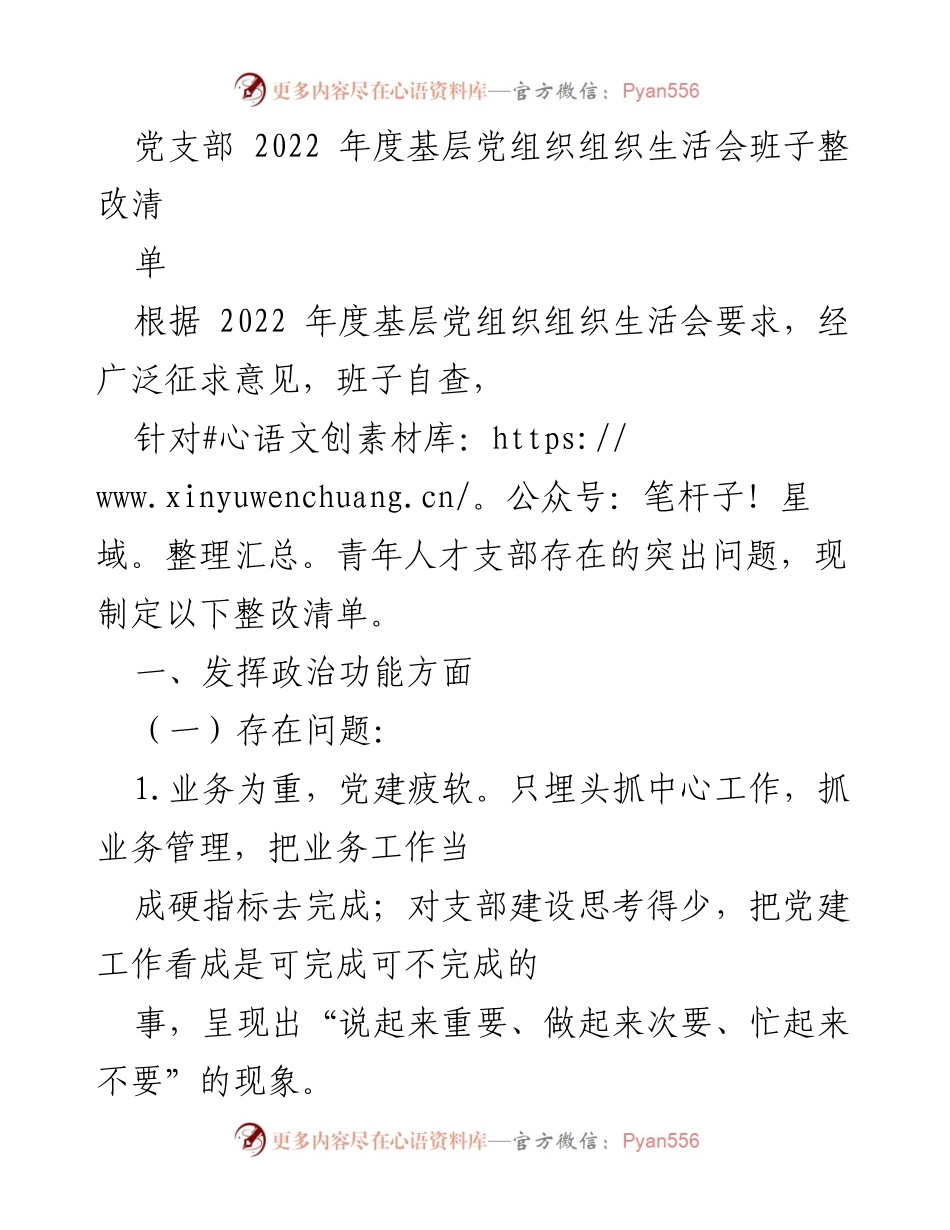 [整改清单] 党支部年度组织生活会 - 2022年度党支部组织生活会整改清单.docx_第1页
