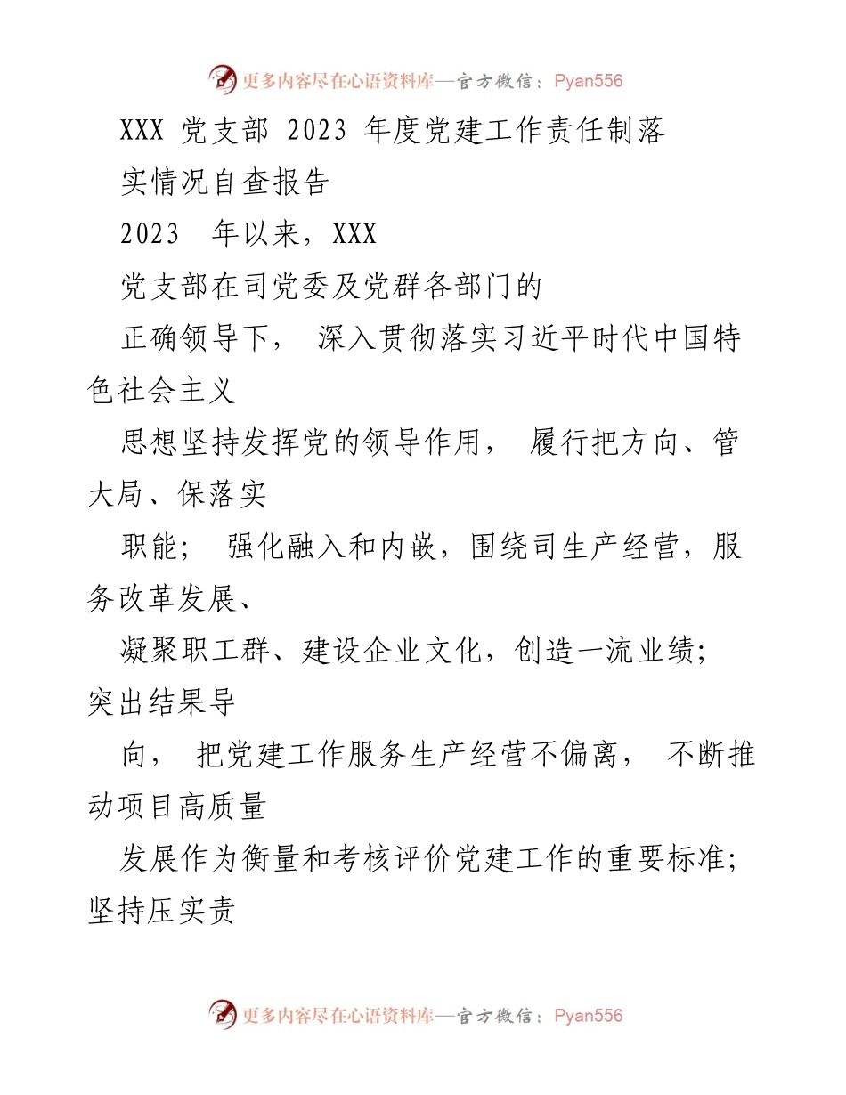 [自查报告] 党建工作 - XXX党支部2023年度党建工作责任制自查报告.docx_第1页