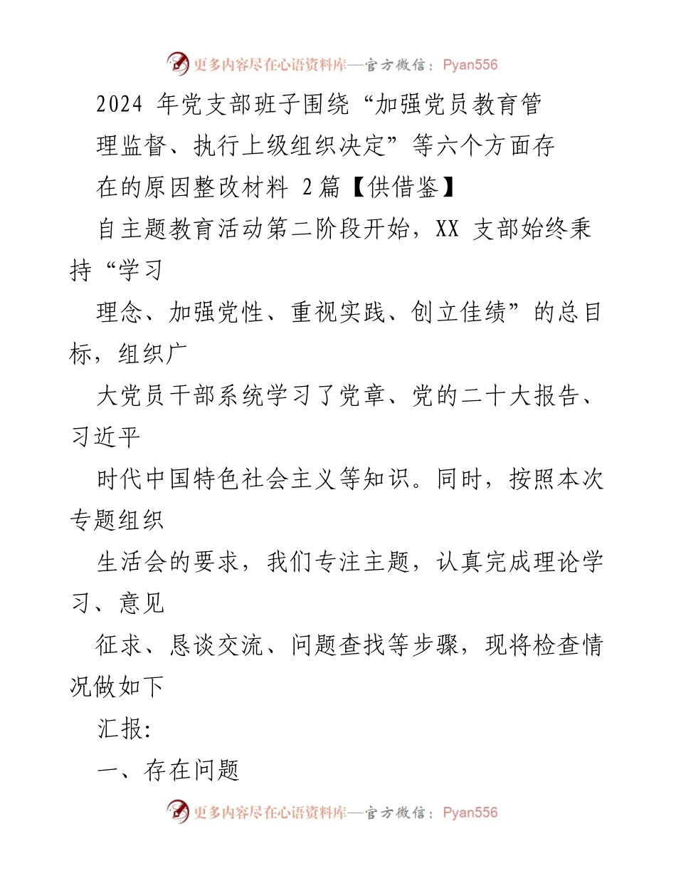 [整改材料] 党支部专题组织生活会 - 2024年党支部整改措施汇报.docx_第1页