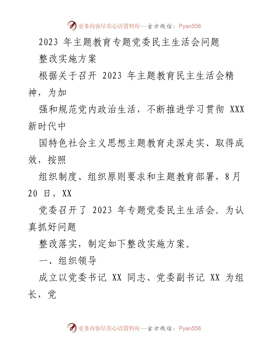 [整改实施方案] 党委民主生活会 - 2023年主题教育民主生活会问题整改方案.docx_第1页