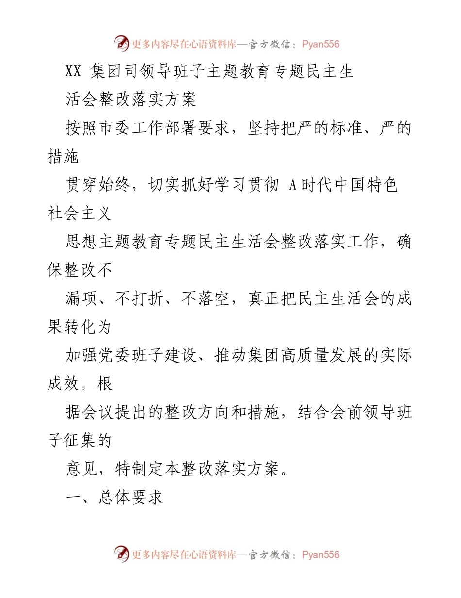 [整改落实方案] 主题教育专题民主生活会 - 促进集团高质量发展的整改措施.docx_第1页