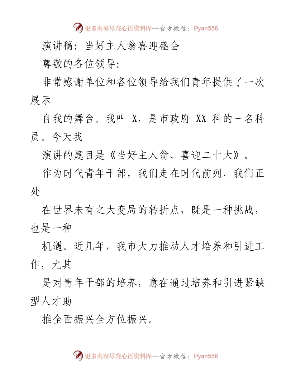 [演讲稿] 青年干部大会 - 青年担当，迎接时代挑战.docx_第1页