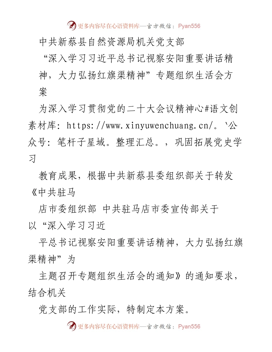 [组织生活会方案] 党支部活动 - “深入学习习近平总书记视察安阳重要讲话精神，大力弘扬红旗渠精神”专题组织生活会方案.docx_第1页
