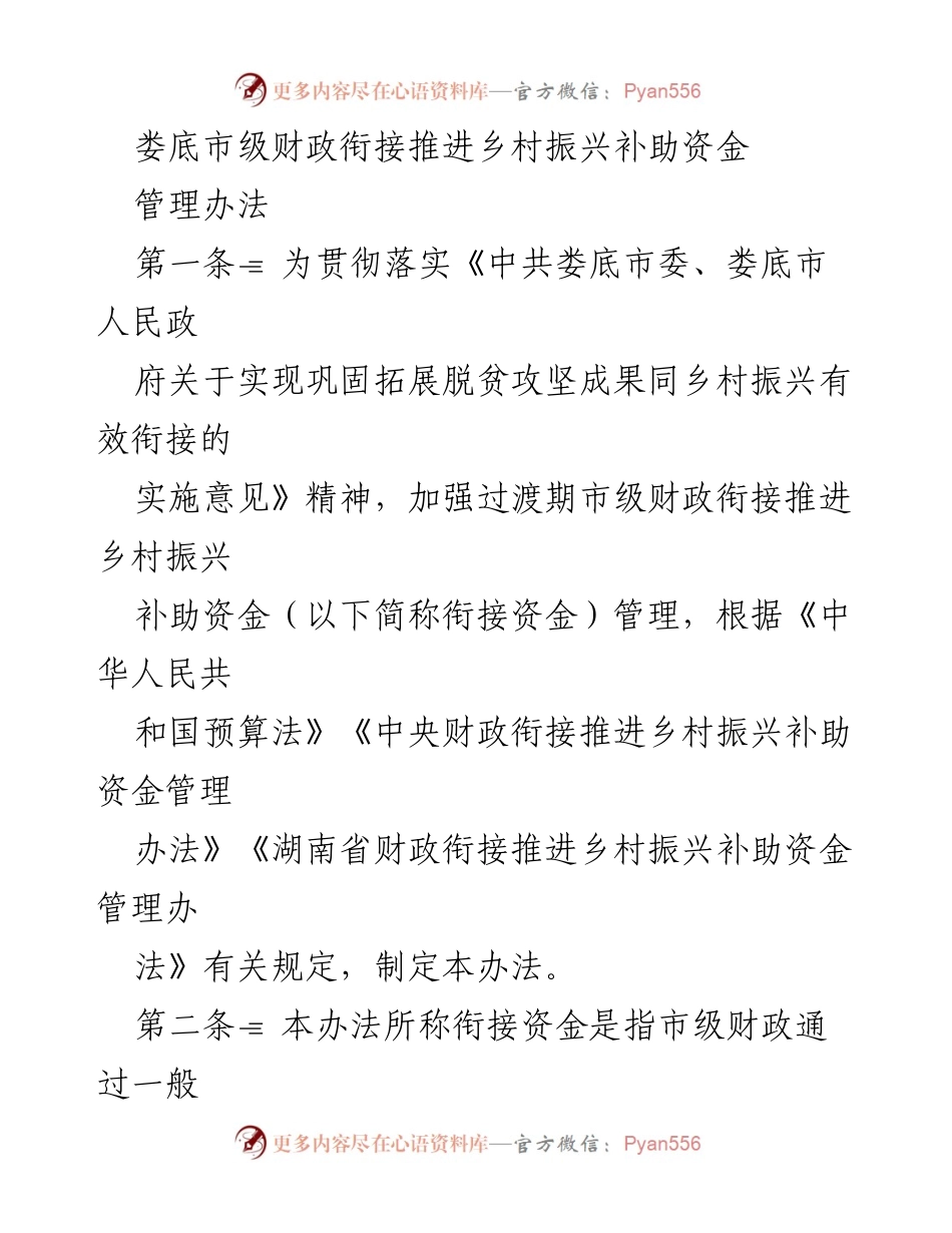 [管理办法] 财政支持 - 娄底市乡村振兴补助资金管理办法.docx_第1页