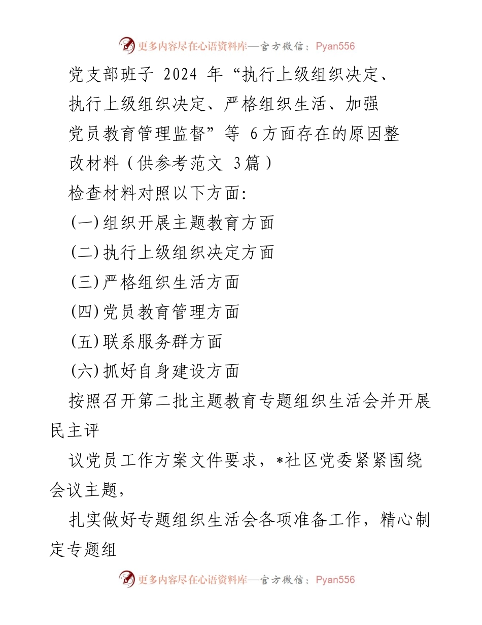 [整改材料] 党支部专题组织生活会 - 2024年党支部执行上级决定及组织生活整改汇报.docx_第1页