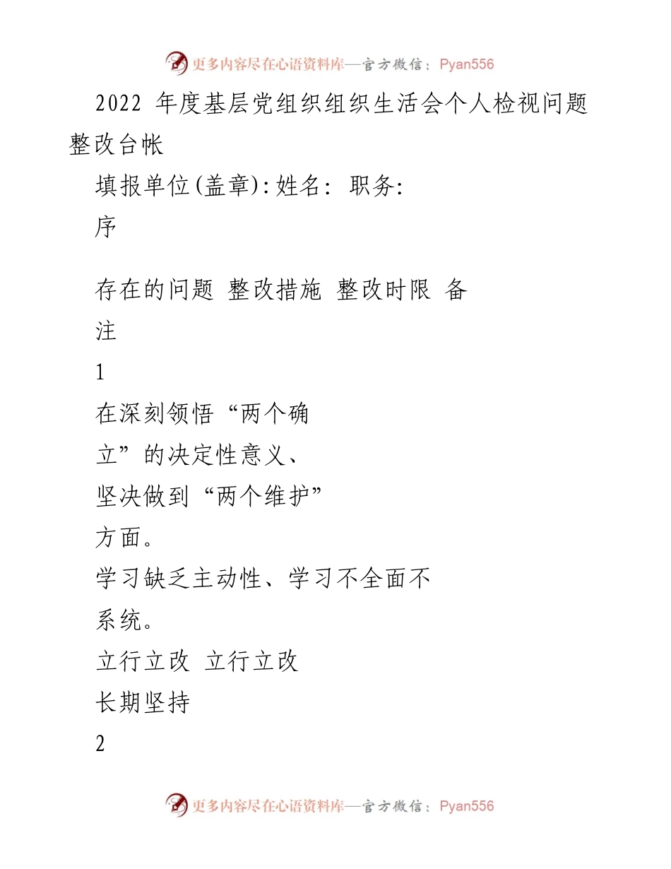 [整改台账] 基层党组织生活会 - 2022年度个人问题整改措施与落实情况.docx_第1页