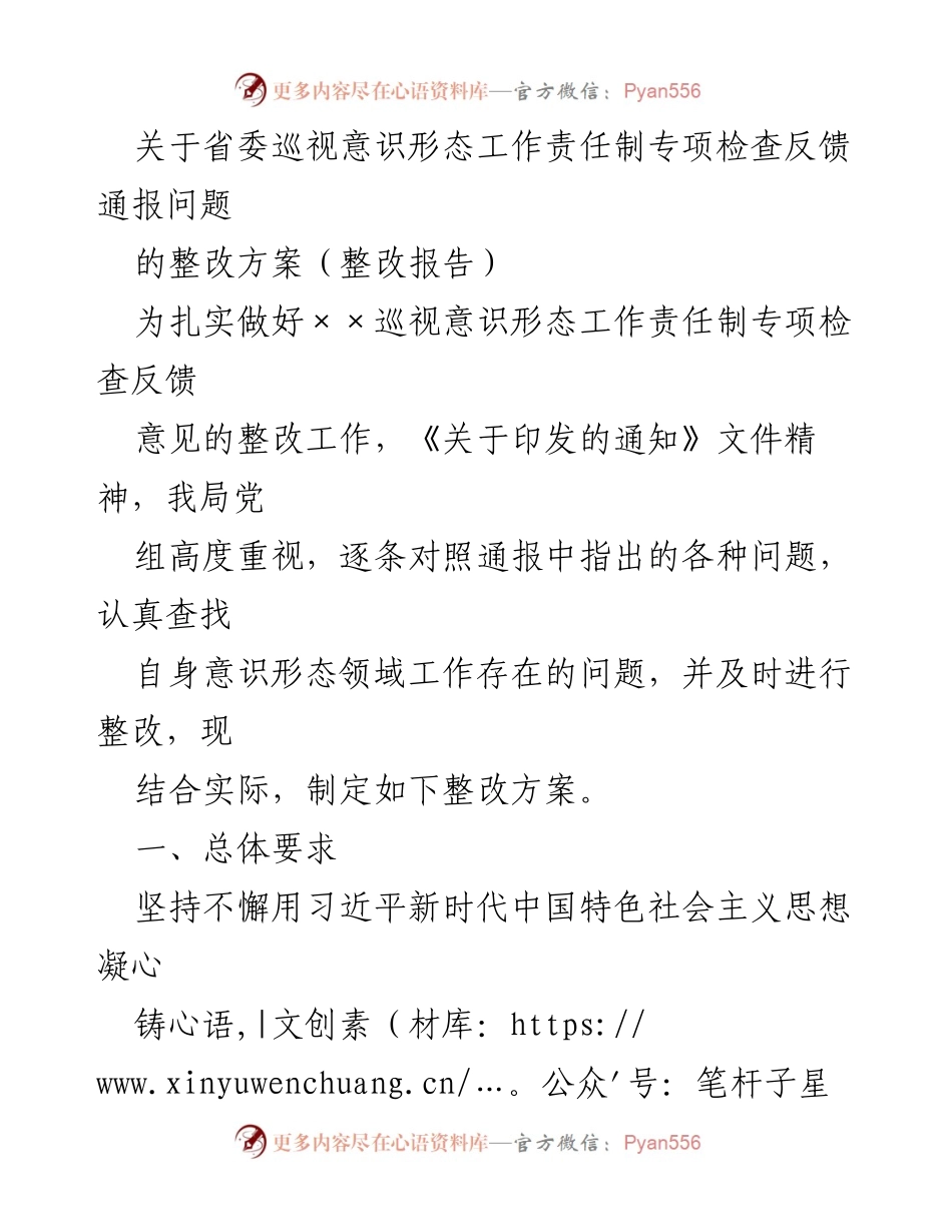 [整改报告] 省委巡视反馈 - 意识形态工作责任制整改方案.docx_第1页