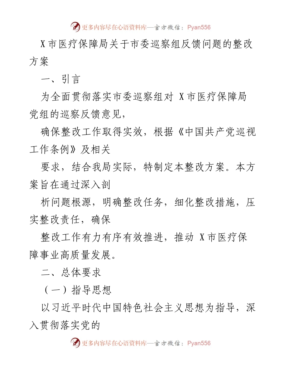 [整改方案] 医疗保障局 - X市医疗保障局巡察反馈问题整改方案.docx_第1页