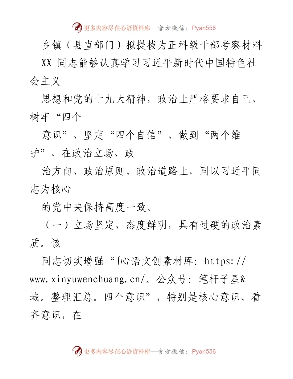 [考察材料] 乡镇干部提拔 - XX同志政治素质与综合能力考察报告.docx_第1页