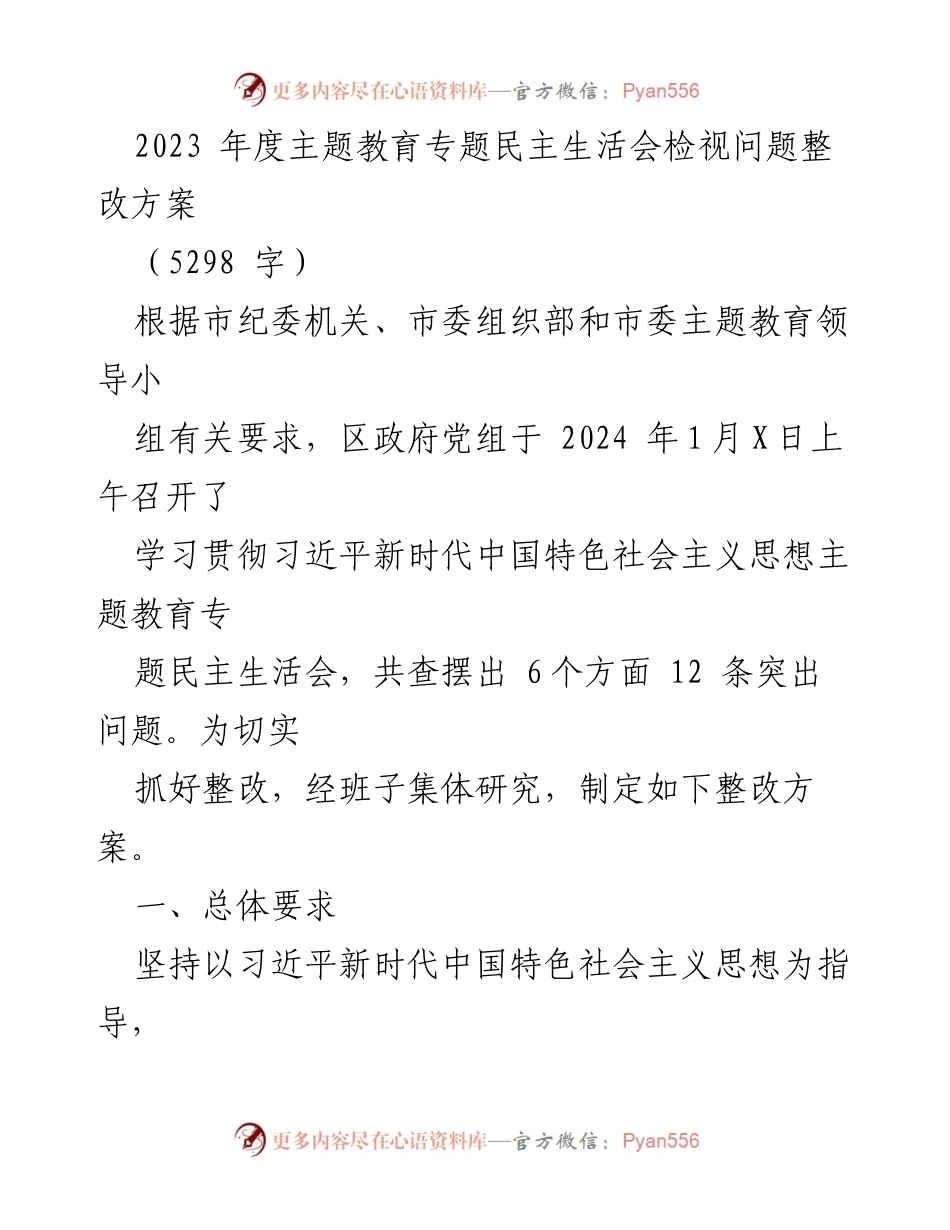 [整改方案] 会议 - 2023年度主题教育专题民主生活会问题整改方案.docx_第1页
