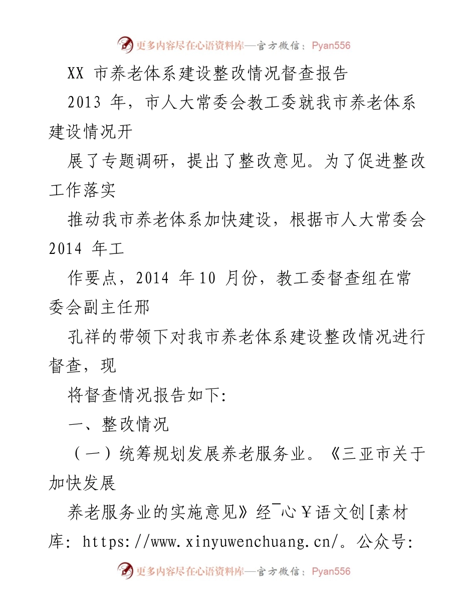 [督查报告] 养老体系建设 - XX市养老体系建设整改情况督查报告.docx_第1页