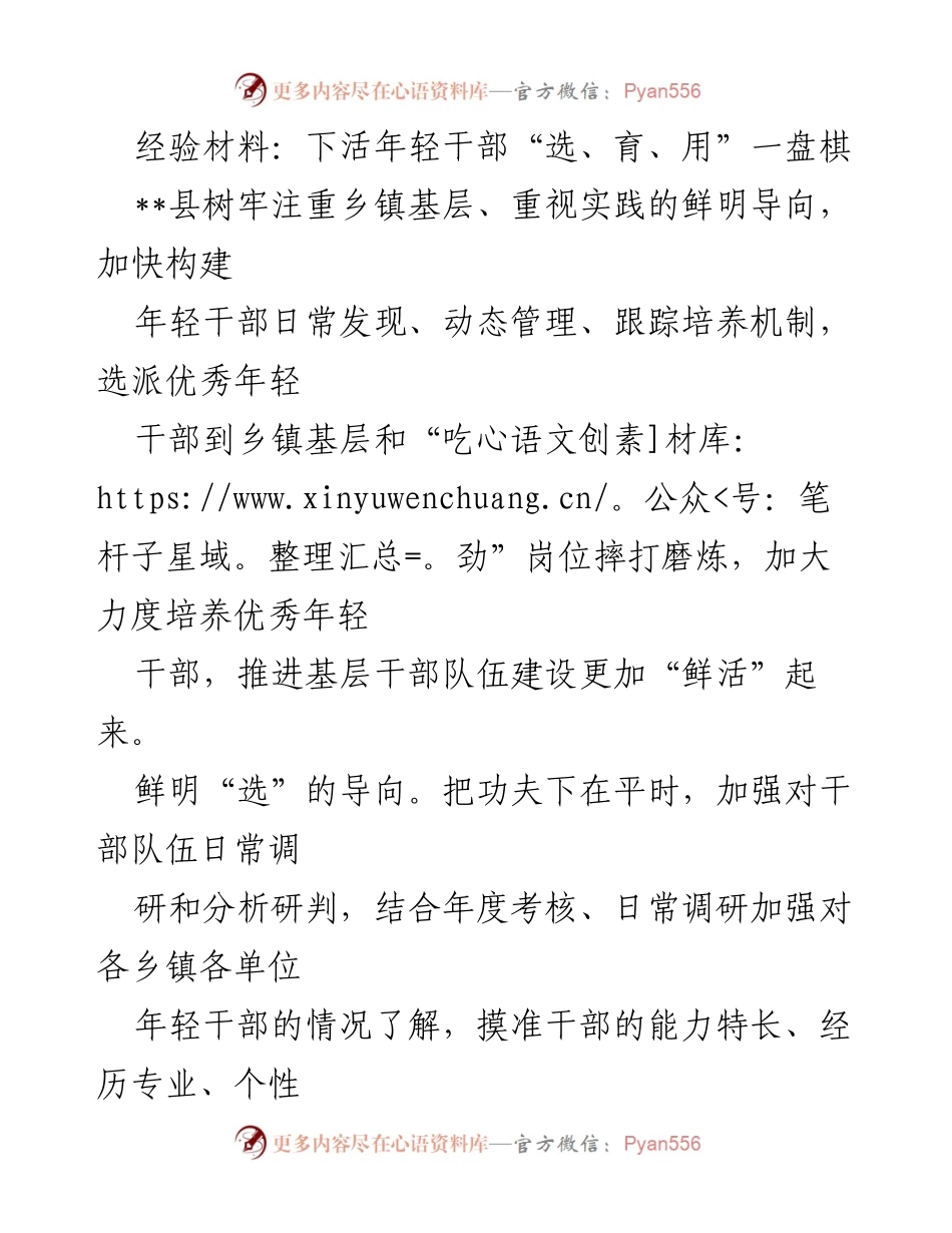 [经验材料] 干部培训 - 加强年轻干部选育用机制，推动基层干部队伍建设.docx_第1页