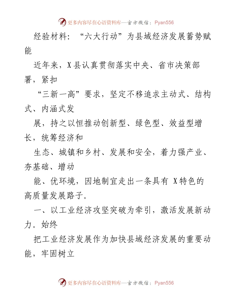 [经验材料] 经济发展研讨会 - “六大行动”推动X县域经济高质量发展.docx_第1页