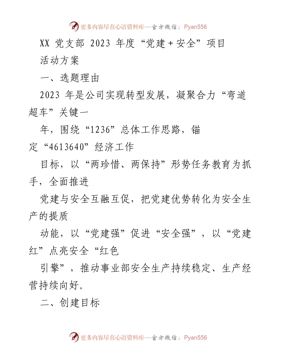 [活动方案] 党支部年度工作 - 2023年度“党建＋安全”项目活动方案.docx_第1页