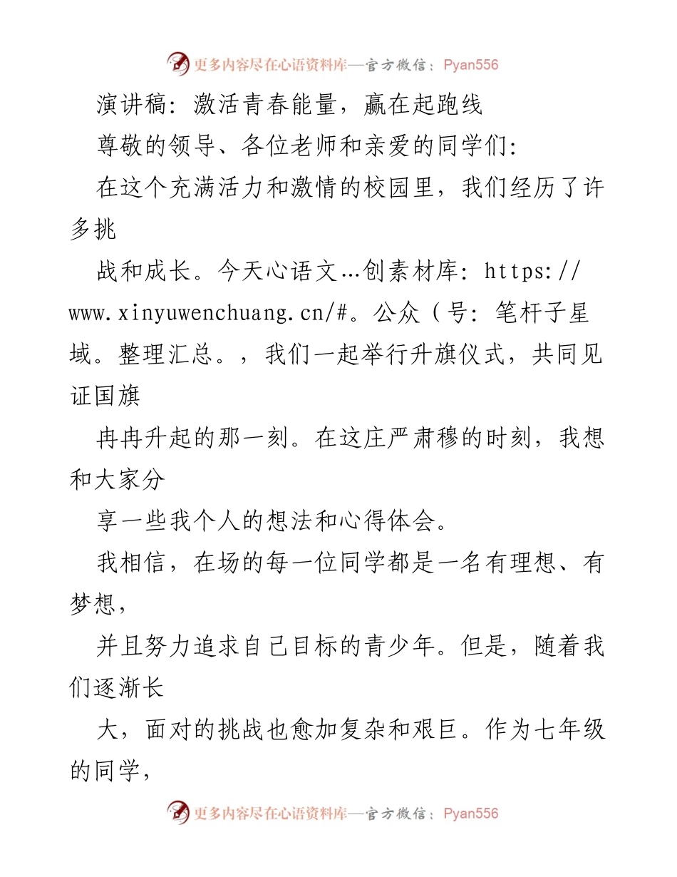 [演讲稿] 升旗仪式 - 激励青春，迎接挑战.docx_第1页