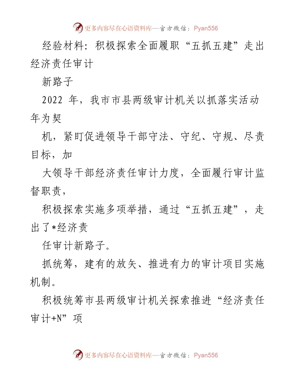 [经验材料] 审计工作总结 - 探索经济责任审计新路子的“五抓五建”实践.docx_第1页