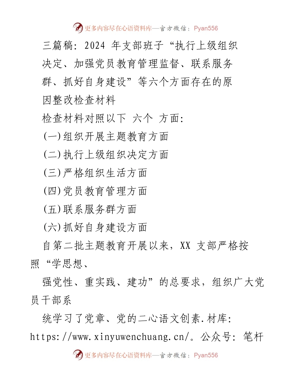 [检查材料] 主题教育专项工作 - 2024年支部班子整改检查材料汇报.docx_第1页