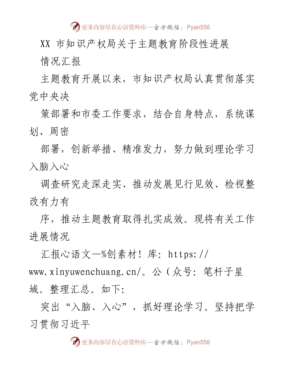 [情况汇报] 主题教育 - XX市知识产权局主题教育阶段性进展情况汇报.docx_第1页