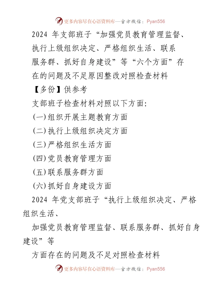 [整改报告] 党支部工作 - 2024年党支部班子整改对照检查材料分析与总结.docx_第1页