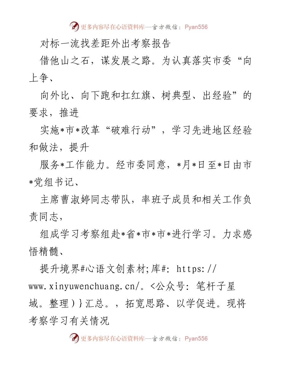 [考察报告] 学习考察 - 对标一流，提升服务能力的考察学习报告.docx_第1页
