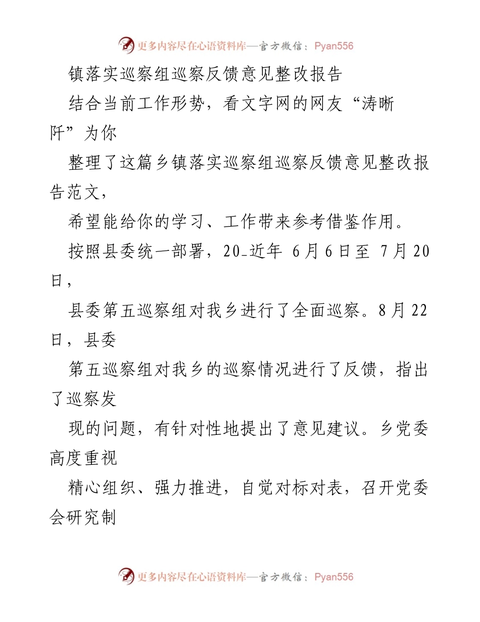 [整改报告] 乡镇 - 镇党委巡察整改落实情况报告.docx_第1页