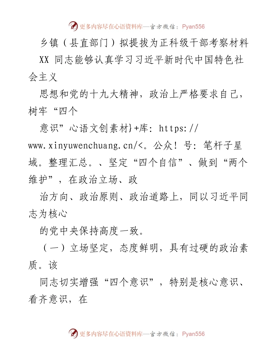 [考察材料] 乡镇干部提拔 - XX同志正科级干部考察材料.docx_第1页