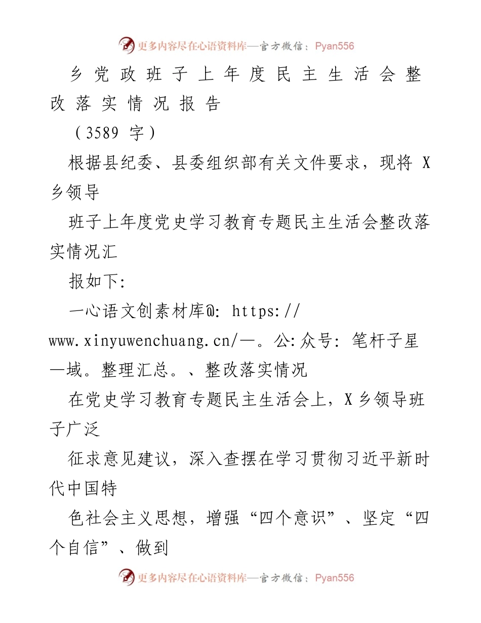 [整改报告] 乡党政班子 - 乡党政班子年度民主生活会整改落实情况报告_1.docx_第1页