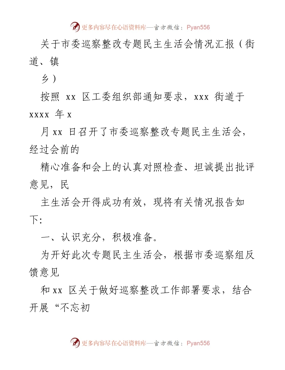 [情况汇报] 专题民主生活会 - 市委巡察整改专题民主生活会情况汇报.docx_第1页