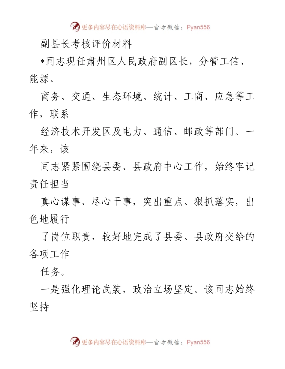 [考核评价材料] 政府工作 - 副县长年度工作总结与成效评价.docx_第1页